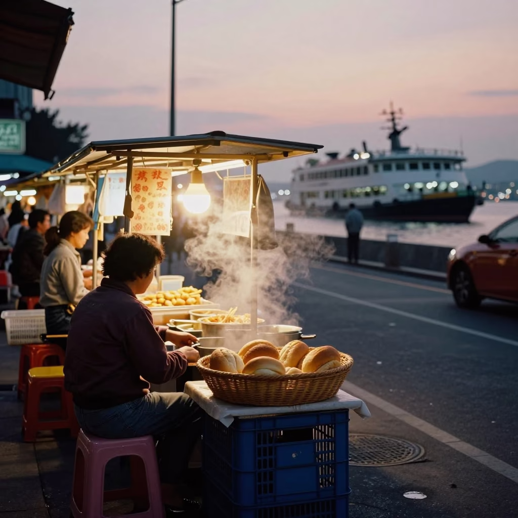 Kaohsiung Taiwan Evening Street Scene with Food Vendor and Ferry in Background in in Kaohsiung, Taiwan
