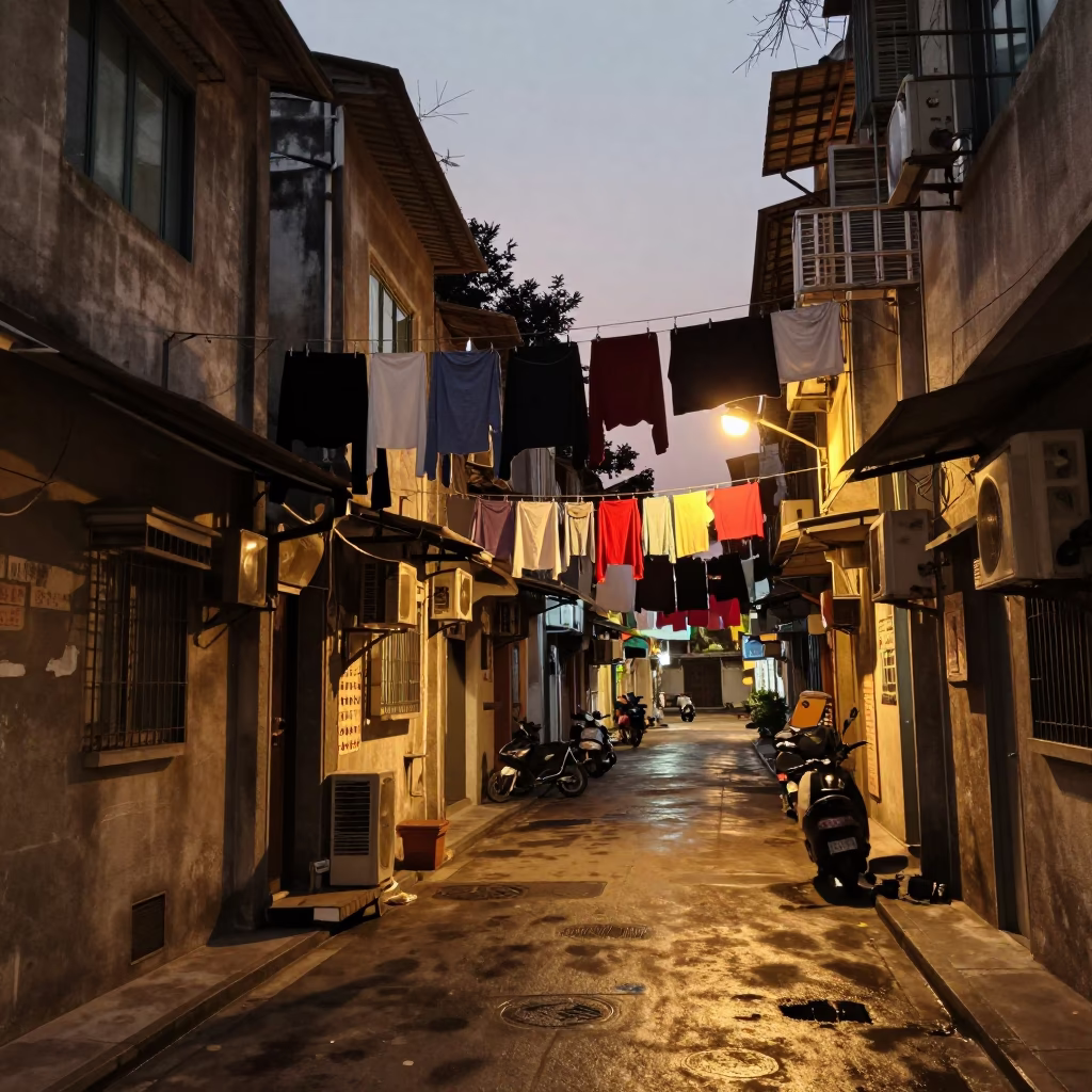 Kaohsiung Taiwan Evening Street Scene with Hanging Laundry and Urban Architecture in in Kaohsiung, Taiwan