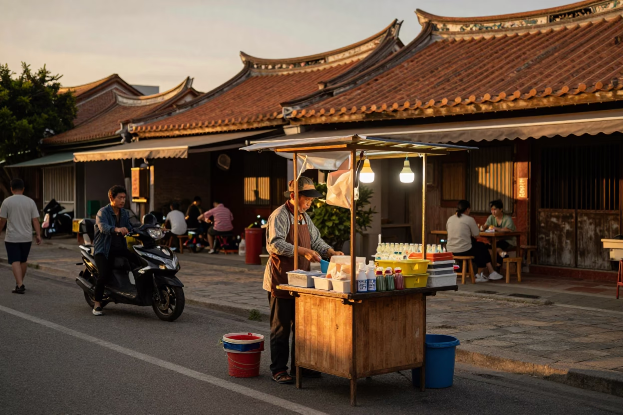 Kaohsiung Taiwan Evening Street Scene with Local Vendor and Traditional Elements in in Kaohsiung, Taiwan