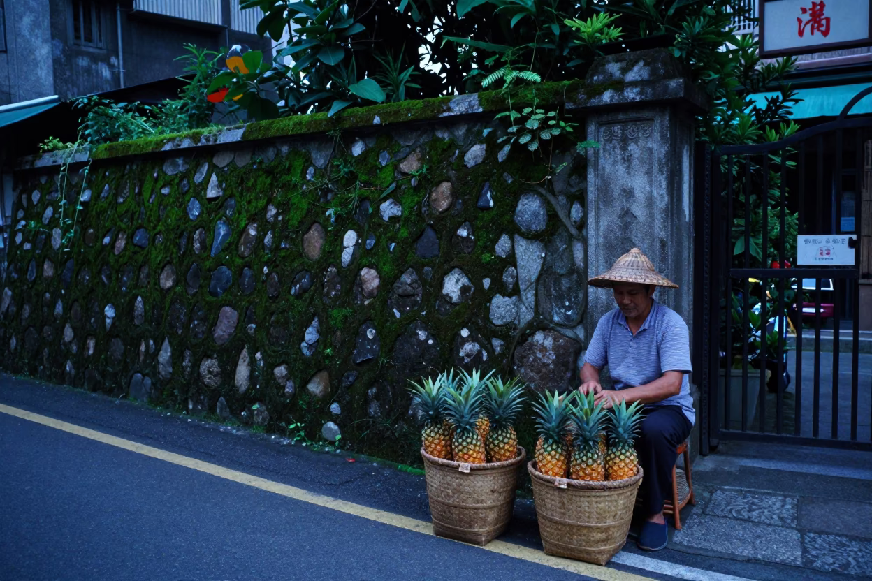 Kaohsiung Taiwan Evening Street Scene with Moss Stone Wall and Pineapple Field View in in Kaohsiung, Taiwan