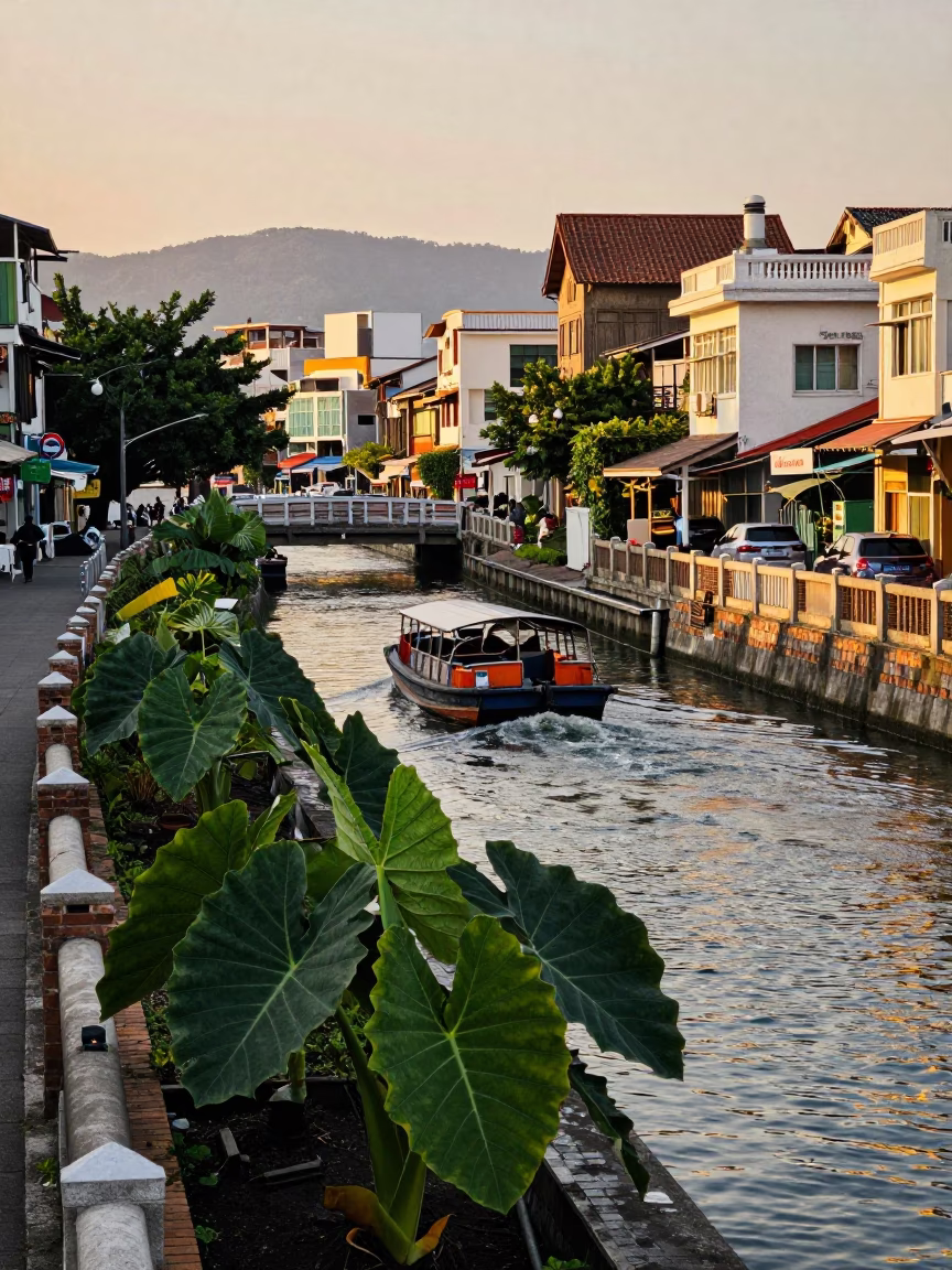 Kaohsiung Taiwan evening street scene with narrowboat canal view and elephant ear taro plants in in Kaohsiung, Taiwan