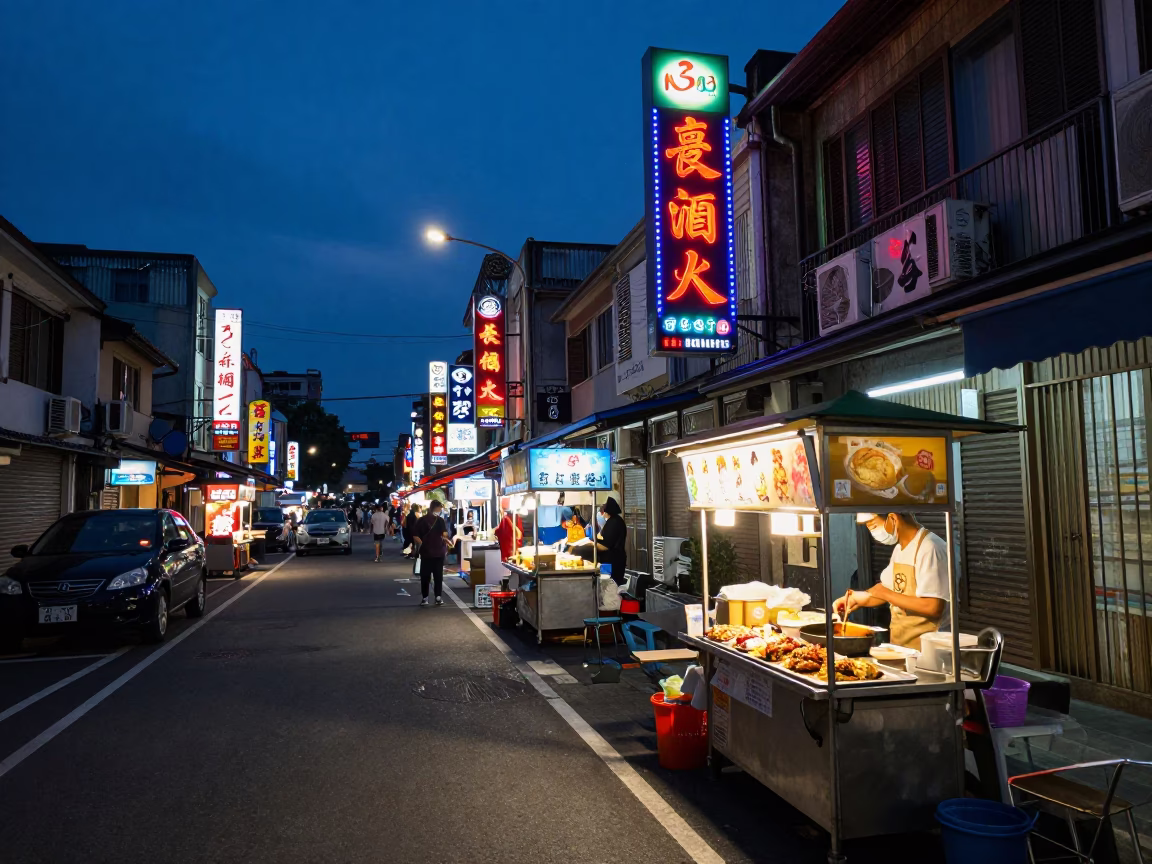 Kaohsiung Taiwan Evening Street Scene with Neon Lights and Local Dining in in Kaohsiung, Taiwan