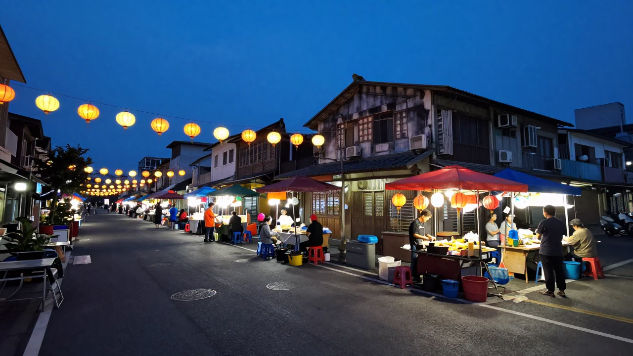 Kaohsiung Taiwan Evening Street Scene with Night Market Lanterns and Local Dining in in Kaohsiung, Taiwan