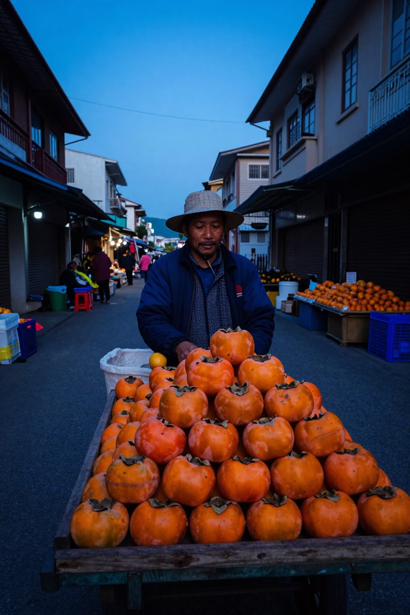 Kaohsiung Taiwan Evening Street Scene with Persimmons and Traditional Market Stall in in Kaohsiung, Taiwan