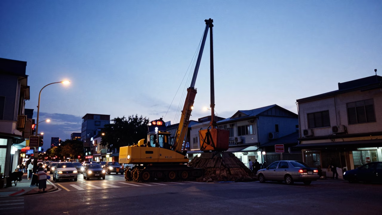 Kaohsiung Taiwan Evening Street Scene with Pile Driver Construction and Local Dining in in Kaohsiung, Taiwan