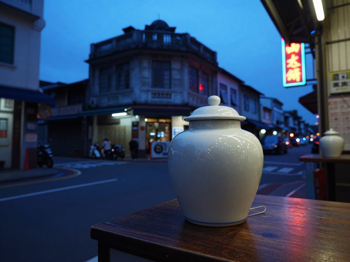 Kaohsiung Taiwan evening street scene with porcelain tea jar and rain wet cobblestones in in Kaohsiung, Taiwan