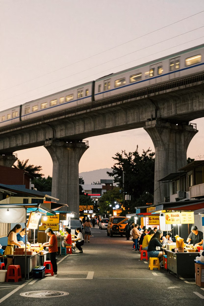 Kaohsiung Taiwan Evening Street Scene with Railway Viaduct and Folding Tables in in Kaohsiung, Taiwan