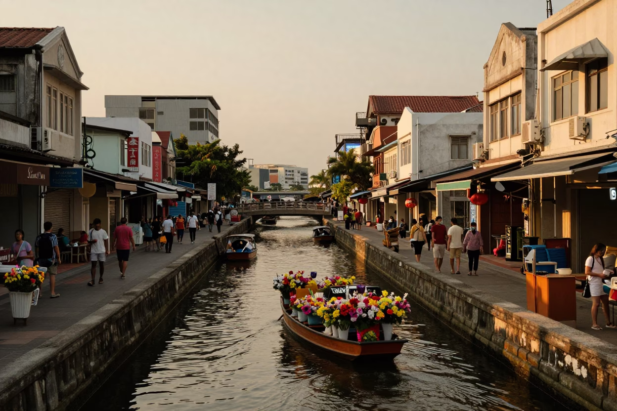 Kaohsiung Taiwan Evening Street Scene With Sampan Flowers And Industrial Water Basin in in Kaohsiung, Taiwan