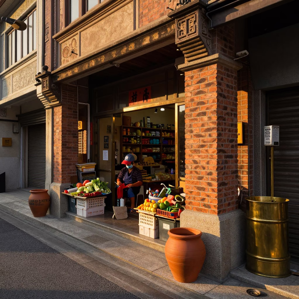 Kaohsiung Taiwan Evening Street Scene with Terracotta Pot and Brass Detail in in Kaohsiung, Taiwan