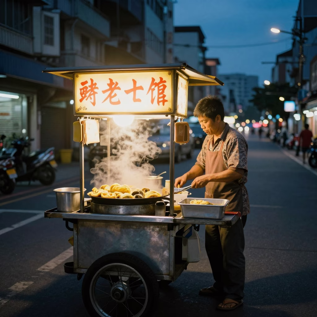 Kaohsiung Taiwan evening street scene with vendor cart and glowing city lights in in Kaohsiung, Taiwan