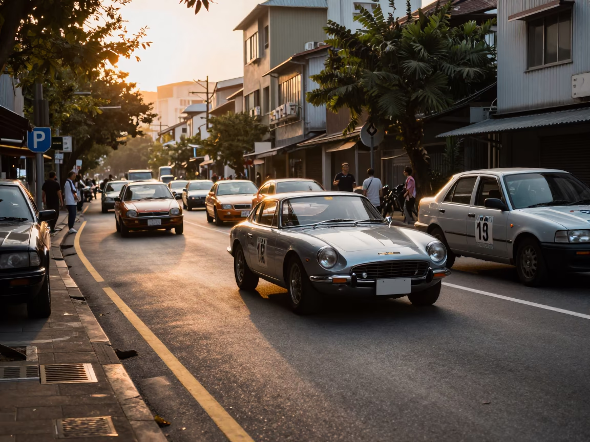 Kaohsiung Taiwan Evening Street Scene with Vintage Car Rally and Local Life in in Kaohsiung, Taiwan