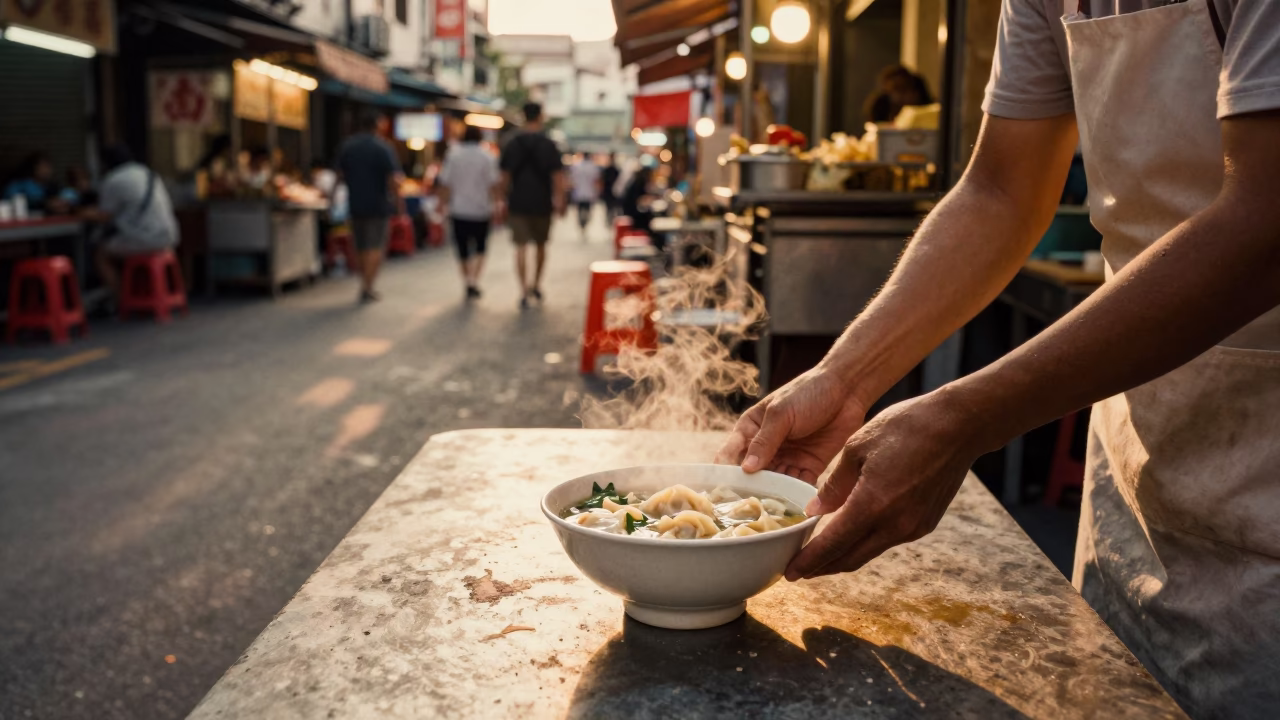 Kaohsiung Taiwan Evening Street Scene with Wonton Soup Bowl and Local Dining Atmosphere in in Kaohsiung, Taiwan