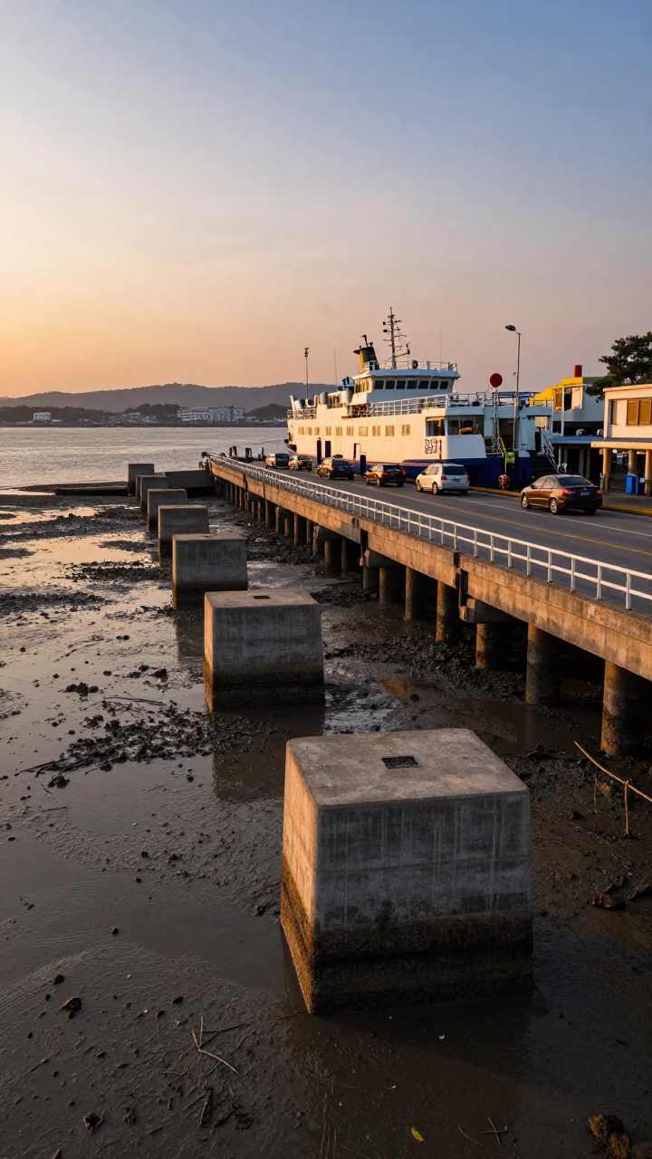 Kaohsiung Taiwan Ferry Ramp Piling System Low Tide Honeyed Evening Light in in Kaohsiung, Taiwan