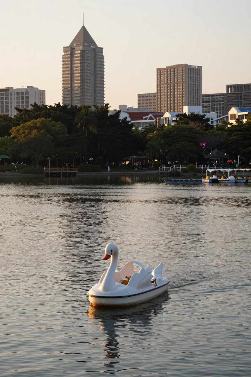 Kaohsiung Taiwan first light swan pedal boat park lake morning in in Kaohsiung, Taiwan
