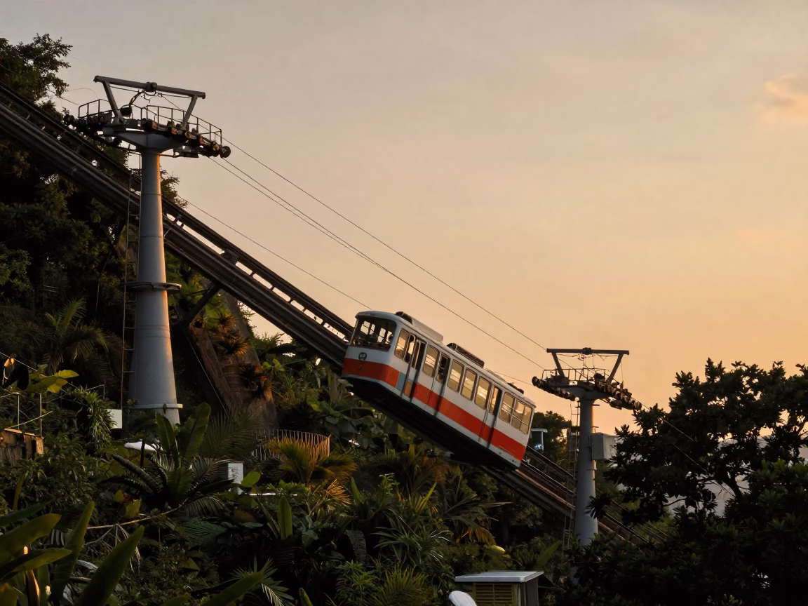 Kaohsiung Taiwan Funicular Railway Climbing Hill in Honeyed Evening Light in in Kaohsiung, Taiwan