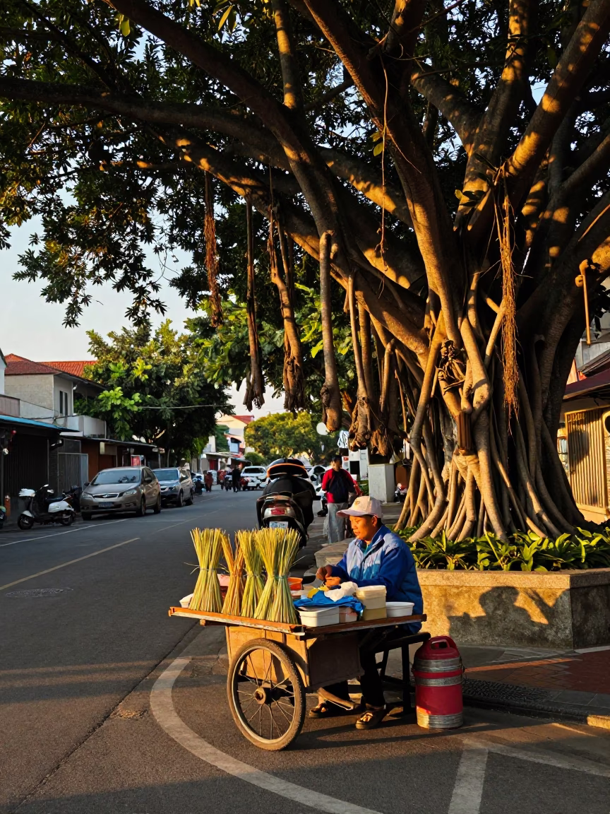Kaohsiung Taiwan Golden Hour Street Scene with Banyan Grove and Local Vendor in in Kaohsiung, Taiwan