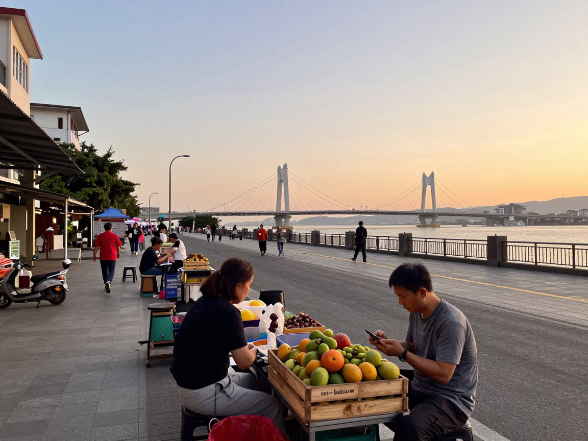Kaohsiung Taiwan Golden Hour Street Scene with Bridge Pier and Local Commerce in in Kaohsiung, Taiwan