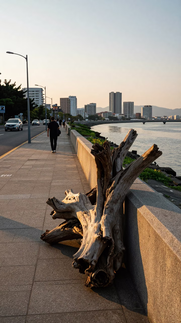 Kaohsiung Taiwan Golden Hour Street Scene with Driftwood and Urban Life in in Kaohsiung, Taiwan