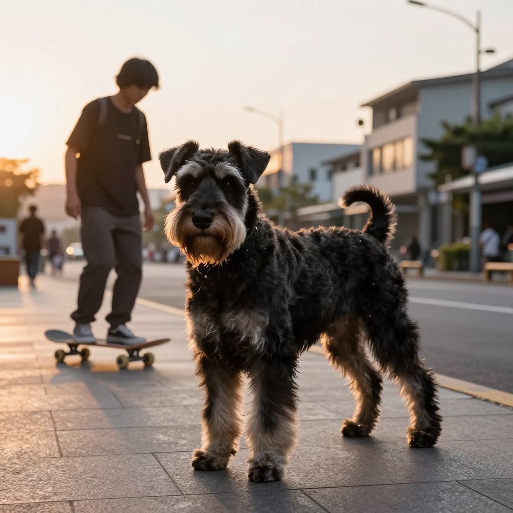 Kaohsiung Taiwan Golden Hour Street Scene with Giant Schnauzer and Skateboarder Near Historic Architecture in in Kaohsiung, Taiwan