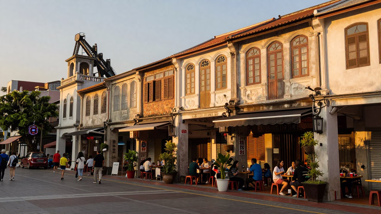 Kaohsiung Taiwan Golden Hour Street Scene with Local Diners and Traditional Architecture in in Kaohsiung, Taiwan