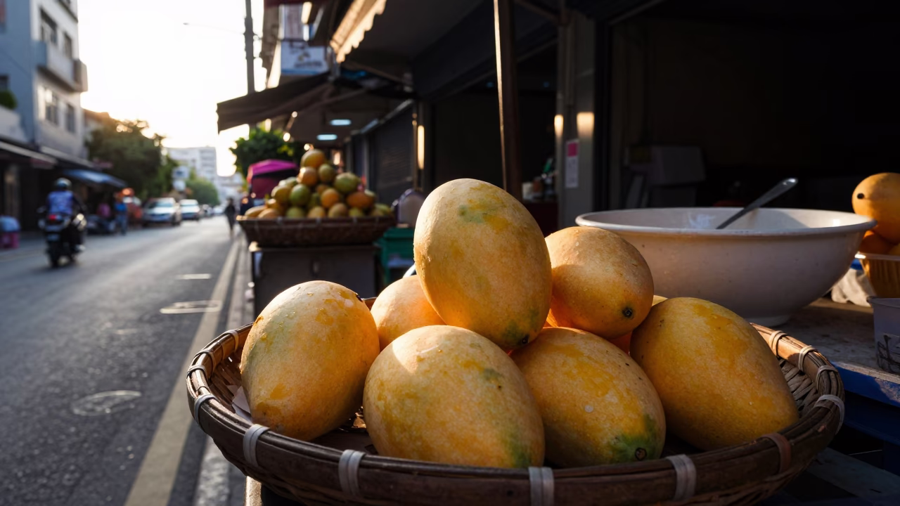 Kaohsiung Taiwan Golden Hour Street Scene with Mangoes and Ceramic Bowl in in Kaohsiung, Taiwan