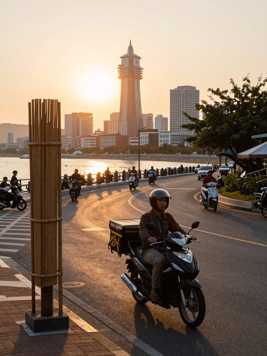 Kaohsiung Taiwan Golden Hour Street Scene with Motorcycle and Traditional Bamboo Holder in in Kaohsiung, Taiwan