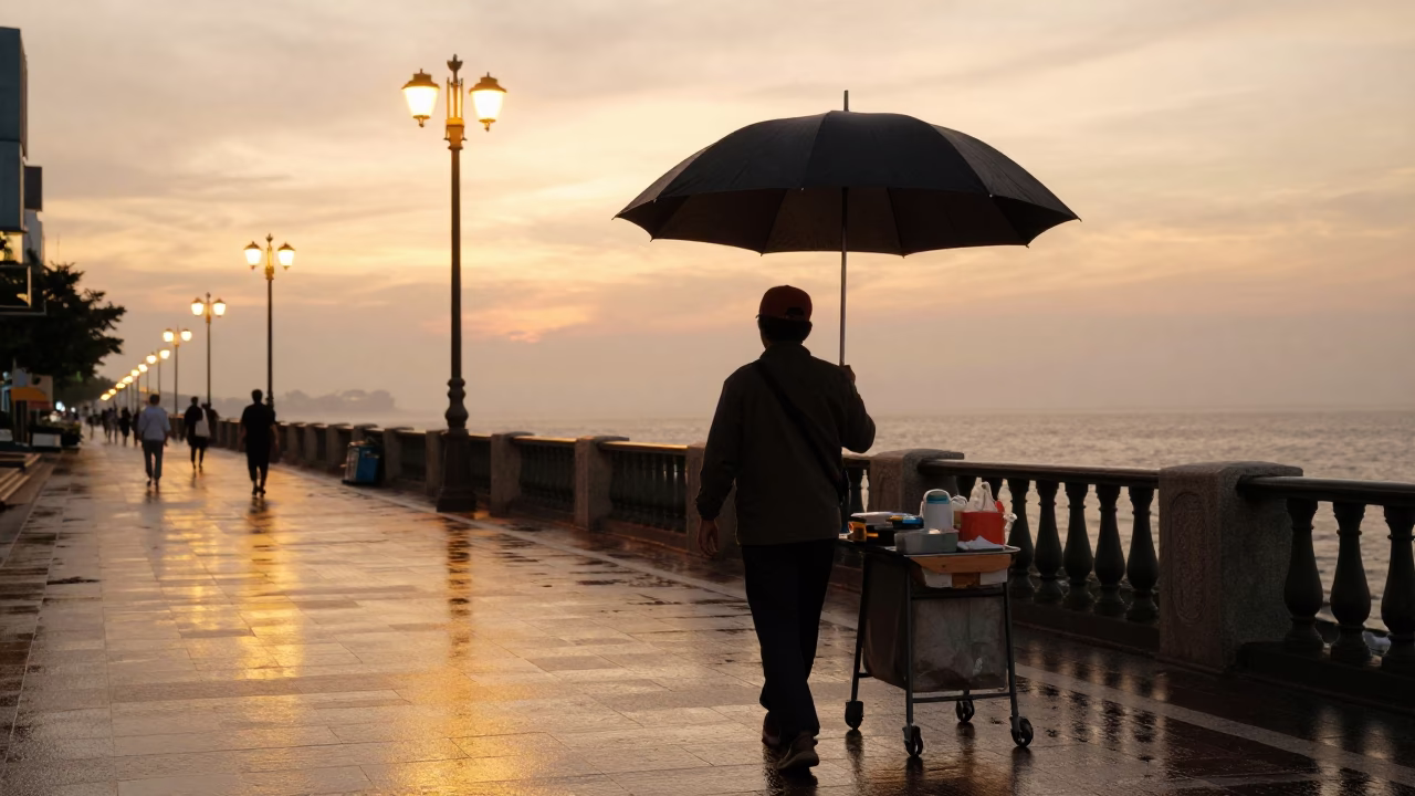 Kaohsiung Taiwan Golden Hour Street Scene with Umbrella Vendor and Sea Fog Breakwater in in Kaohsiung, Taiwan