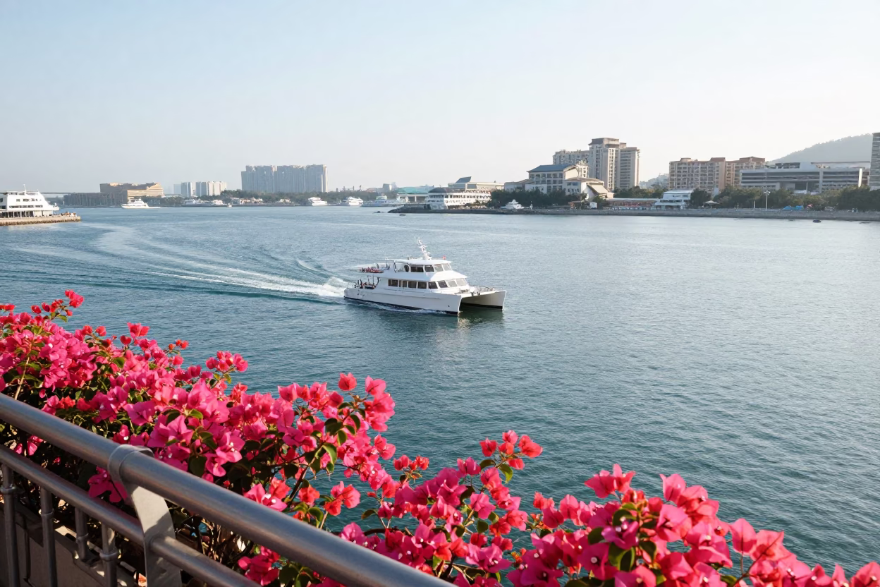 Kaohsiung Taiwan Harbor Midmorning Bougainvillea Catamaran Steel Bracket View in in Kaohsiung, Taiwan