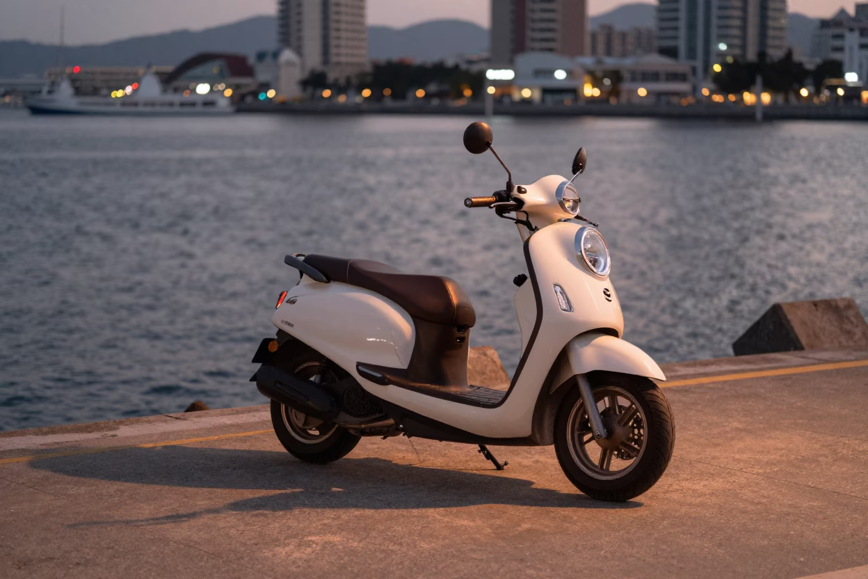 Kaohsiung Taiwan Harbor Promenade Scooter Sunset Copper Light in in Kaohsiung, Taiwan