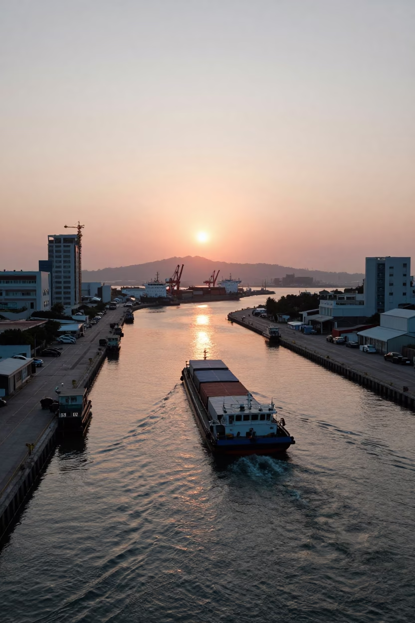 Kaohsiung Taiwan Harbor Sunset Canal Barge Cargo Transport in in Kaohsiung, Taiwan