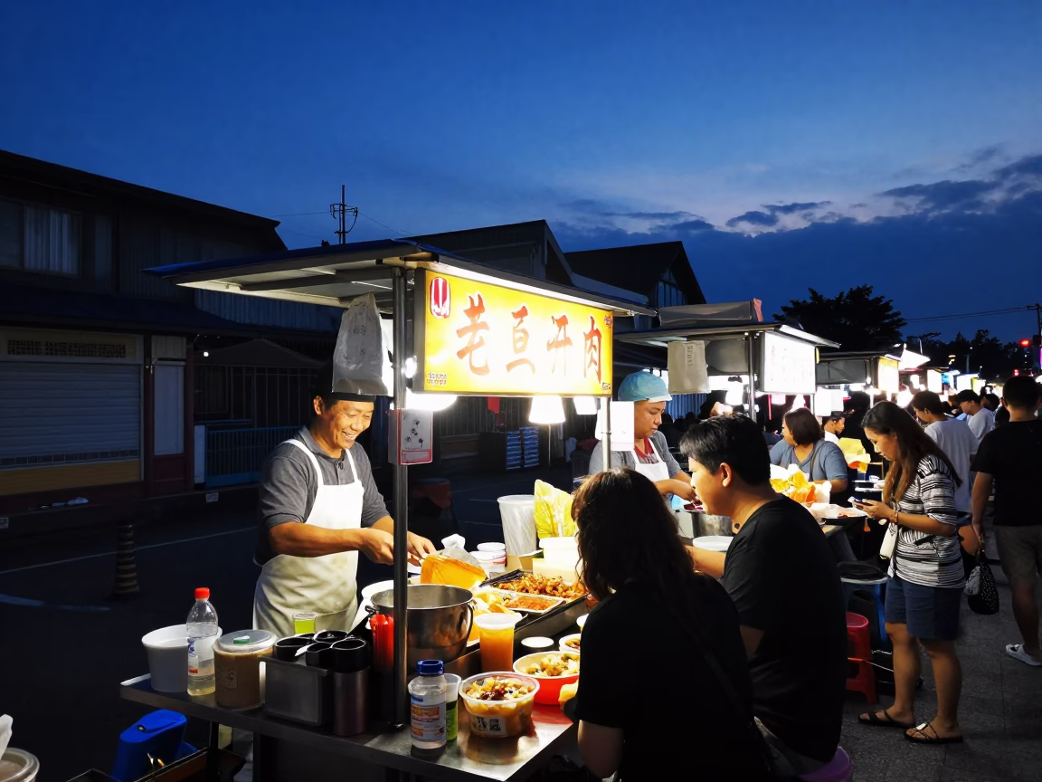 Kaohsiung Taiwan indigo twilight busy street food vendor serving customers in in Kaohsiung, Taiwan