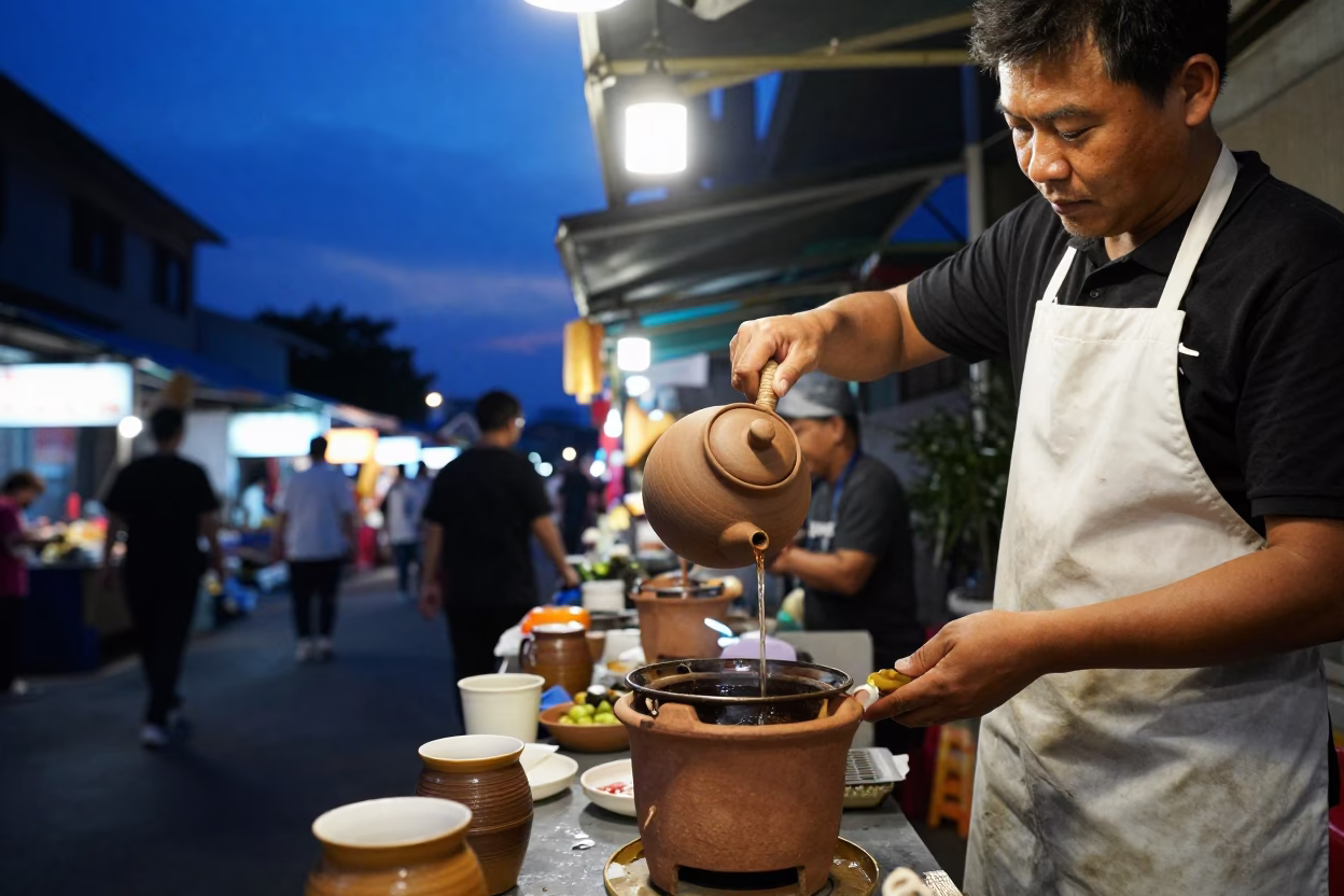 Kaohsiung Taiwan Indigo Twilight Street Scene With Clay Teapot and Postcards in in Kaohsiung, Taiwan