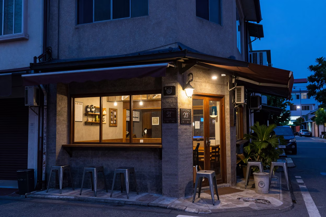 Kaohsiung Taiwan indigo twilight street scene with metal stools and succulent wall cafe exterior in in Kaohsiung, Taiwan