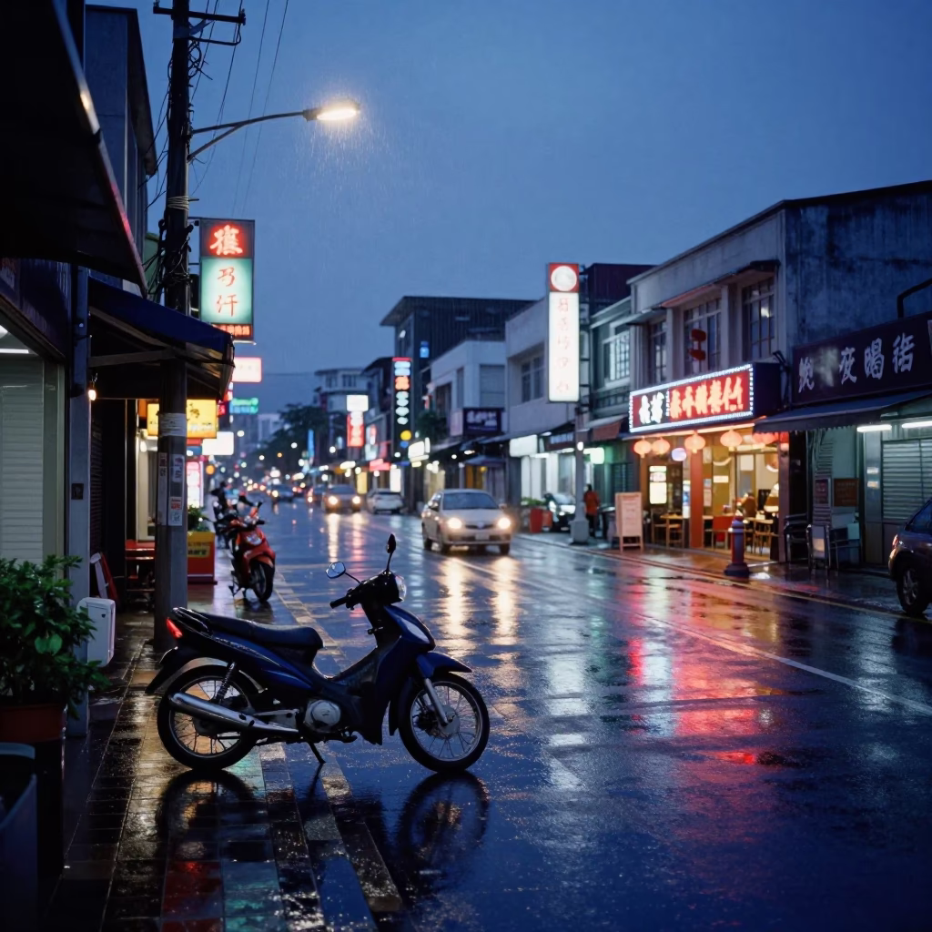 Kaohsiung Taiwan Indigo Twilight Street Scene with Motorcycle and Rain Puddles in in Kaohsiung, Taiwan