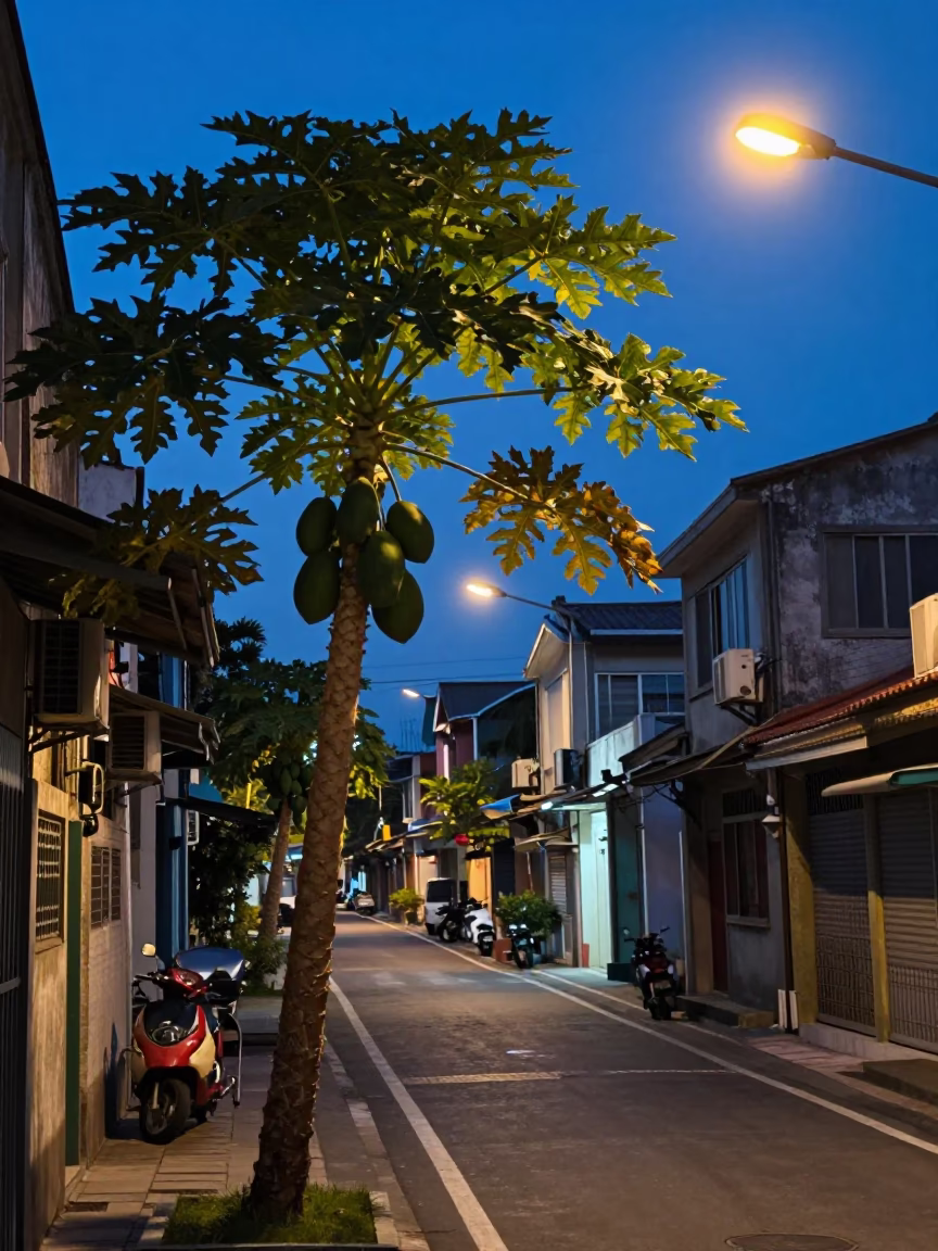 Kaohsiung Taiwan indigo twilight street scene with papaya tree and traditional architecture in in Kaohsiung, Taiwan