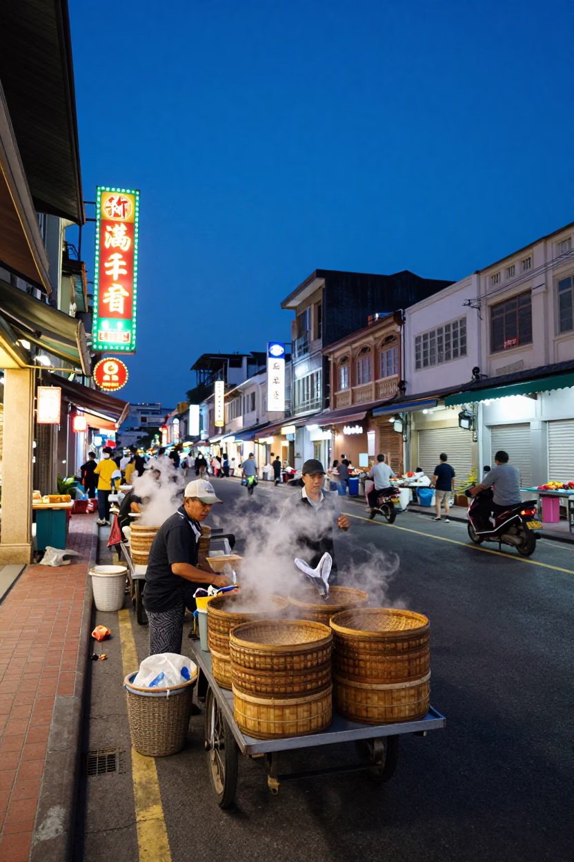 Kaohsiung Taiwan indigo twilight street scene with traditional market vendors and local commuters in in Kaohsiung, Taiwan