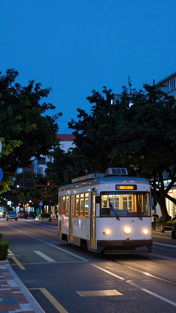 Kaohsiung Taiwan Indigo Twilight Street Scene with Tramcar and Power Substation Lattice in in Kaohsiung, Taiwan