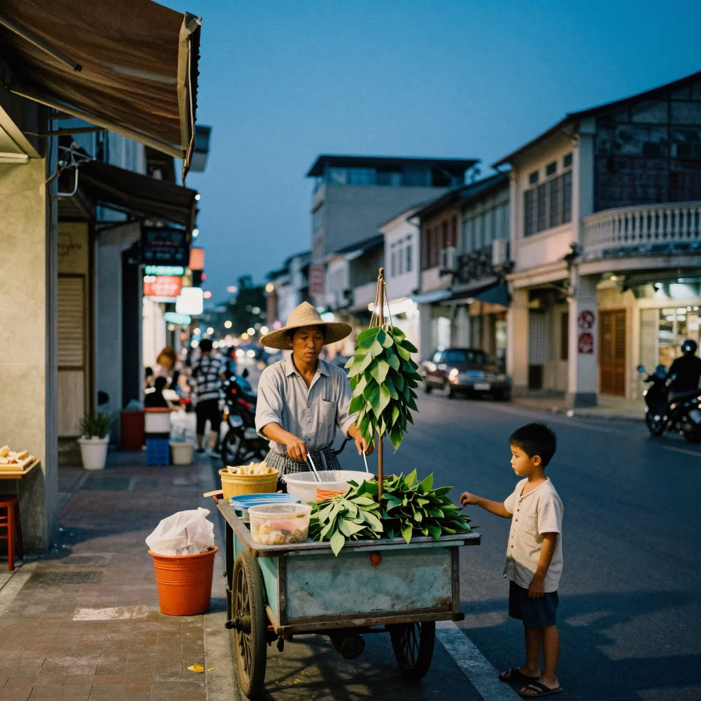 Kaohsiung Taiwan indigo twilight street scene with vintage 1950s aesthetic and local details in in Kaohsiung, Taiwan