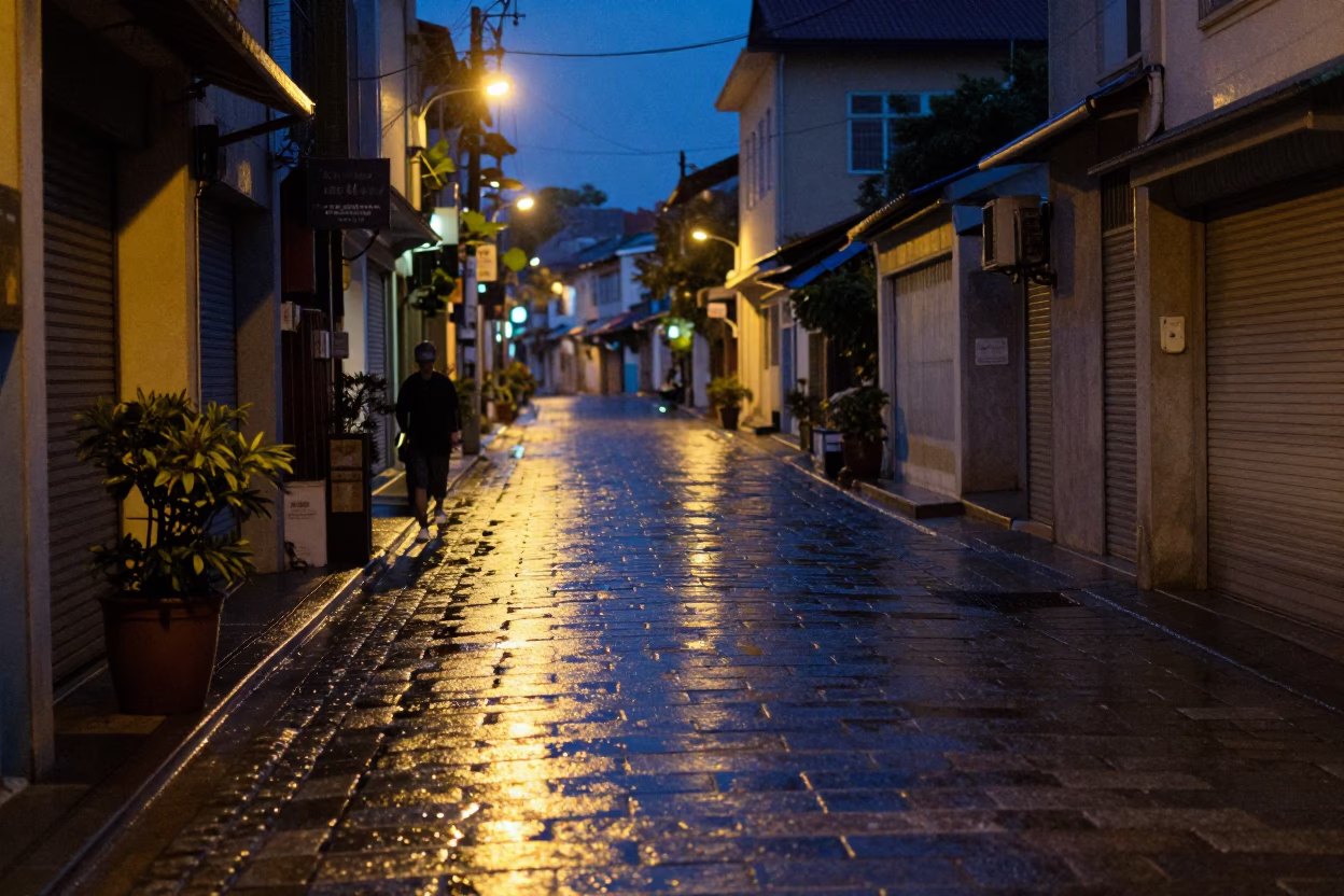 Kaohsiung Taiwan indigo twilight street scene with wet cobblestones and tram reflection in in Kaohsiung, Taiwan