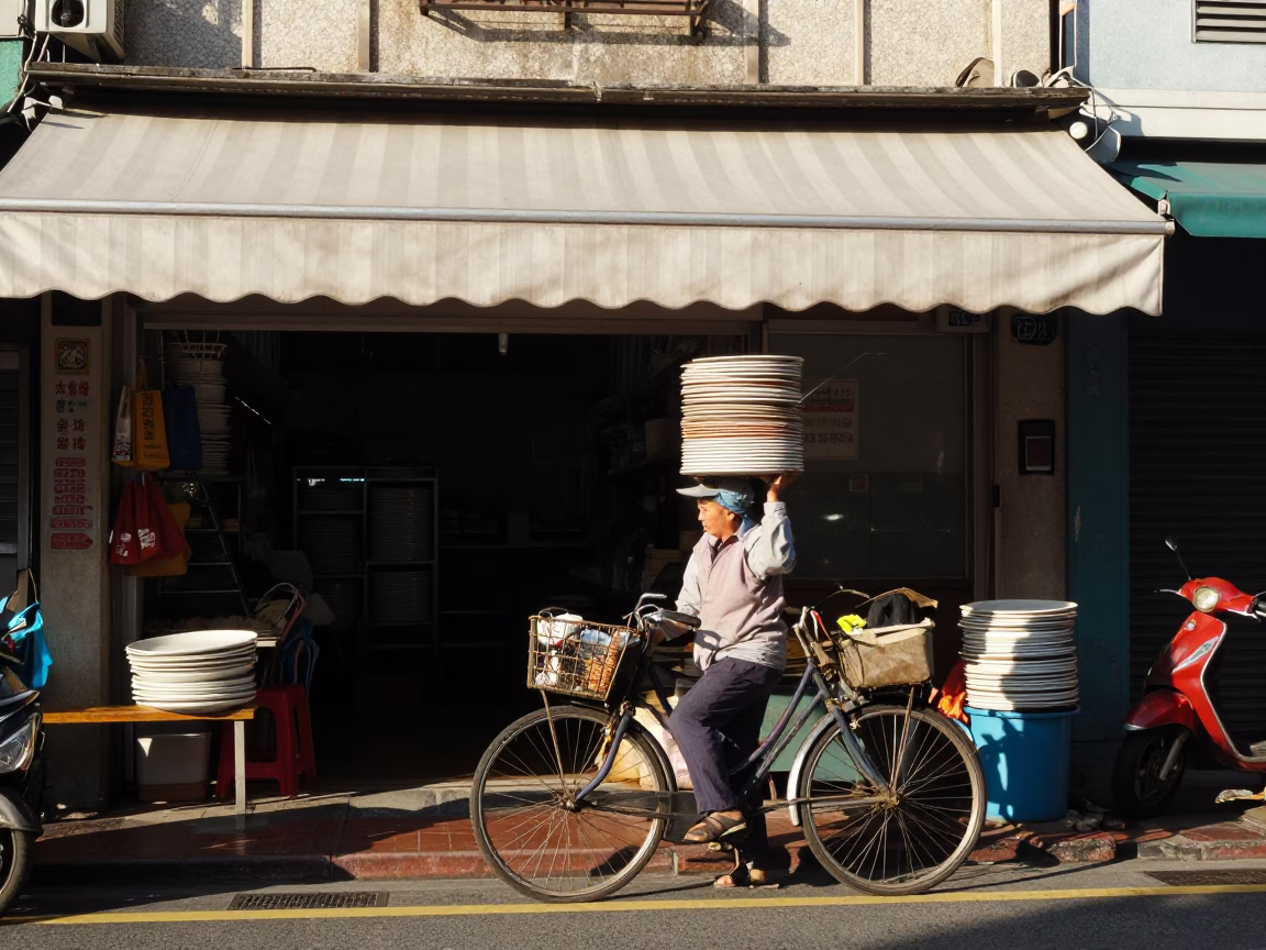 Kaohsiung Taiwan Late Afternoon Street Scene with Bicycle and Plate in in Kaohsiung, Taiwan