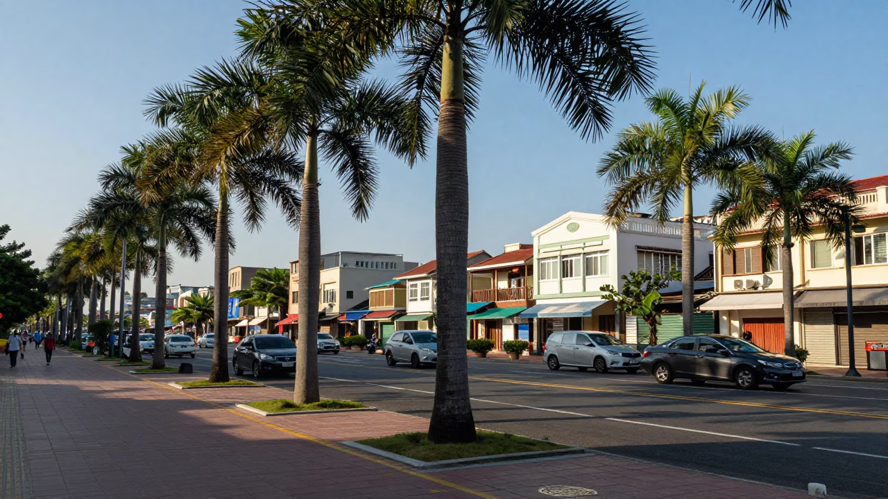 Kaohsiung Taiwan Late Afternoon Street Scene with Palm Trees and Urban Architecture in in Kaohsiung, Taiwan