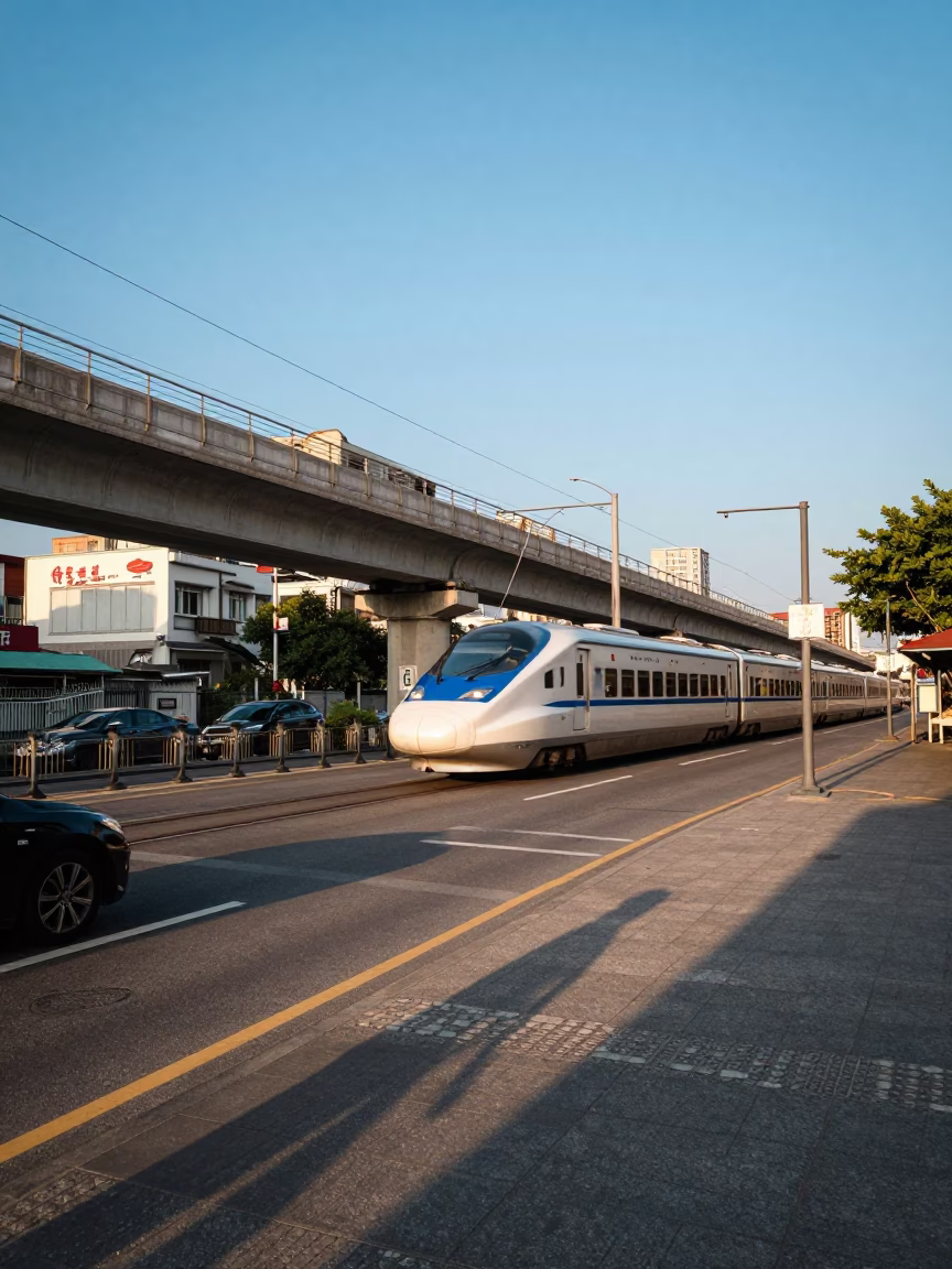 Kaohsiung Taiwan late afternoon street scene with passing train and urban infrastructure in in Kaohsiung, Taiwan