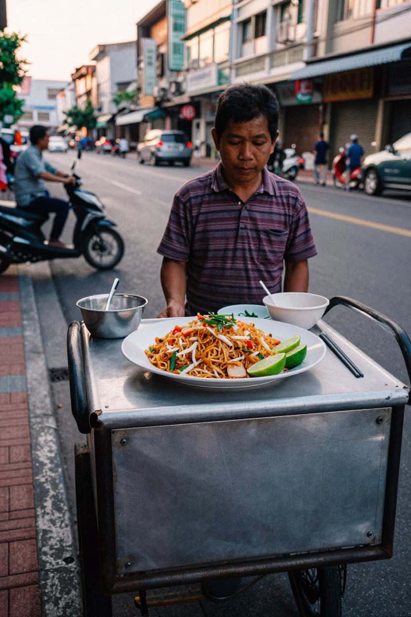 Kaohsiung Taiwan Late Afternoon Street Scene with Plate of Pad Thai and Lime Wedges in in Kaohsiung, Taiwan