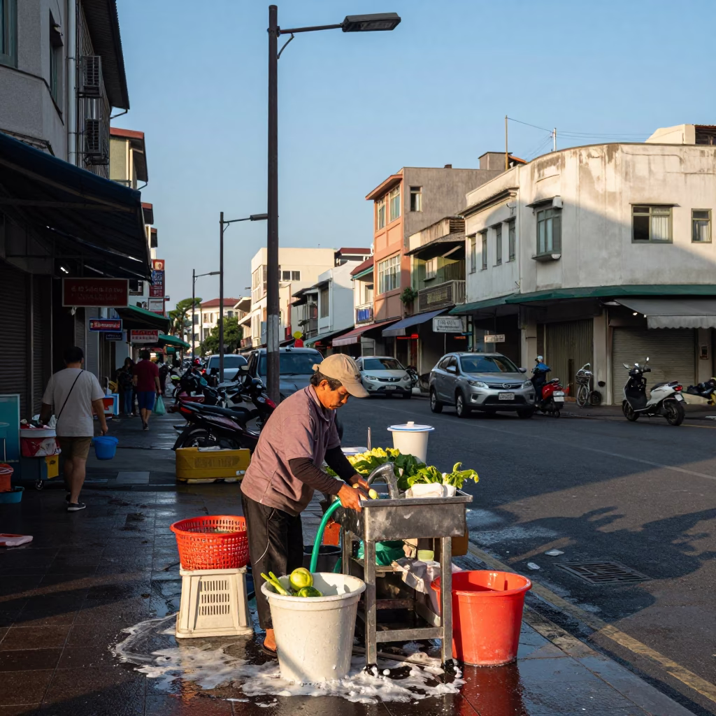 Kaohsiung Taiwan Late Afternoon Street Scene with Soap Residue and Local Market Activity in in Kaohsiung, Taiwan