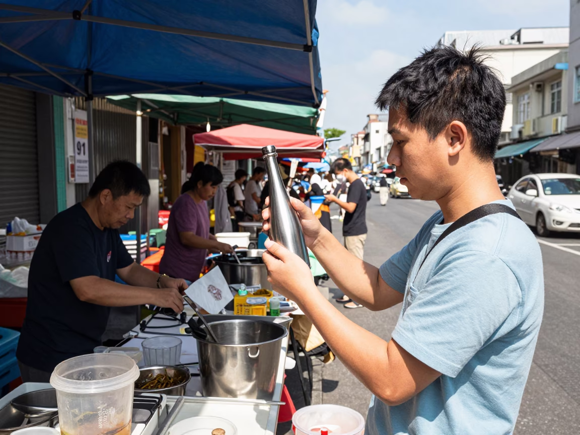 Kaohsiung Taiwan Midday Street Scene with Brushed Steel Bottle Neck and Local Vendors in in Kaohsiung, Taiwan