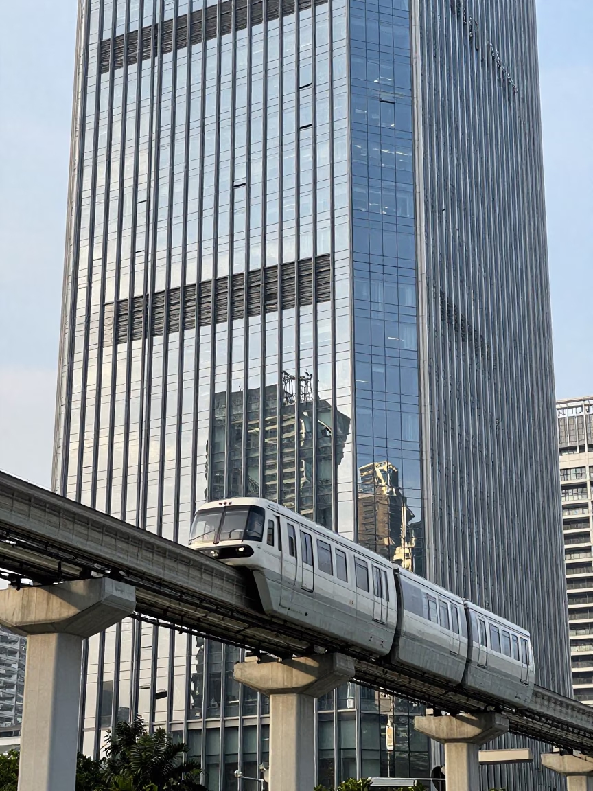Kaohsiung Taiwan Midmorning Monorail Reflection Glass Skyscraper and Urban Life in in Kaohsiung, Taiwan