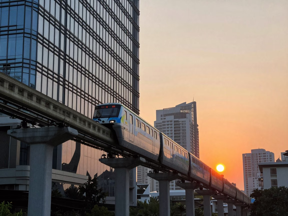 Kaohsiung Taiwan Monorail Reflected in Glass Skyscraper at Sunset in in Kaohsiung, Taiwan