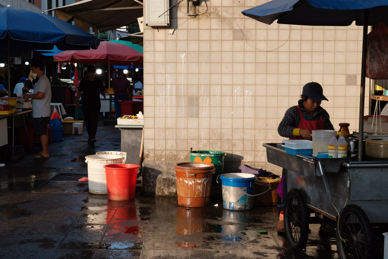 Kaohsiung Taiwan Morning Market Scene with Soap Streaks and Tile Walls in in Kaohsiung, Taiwan