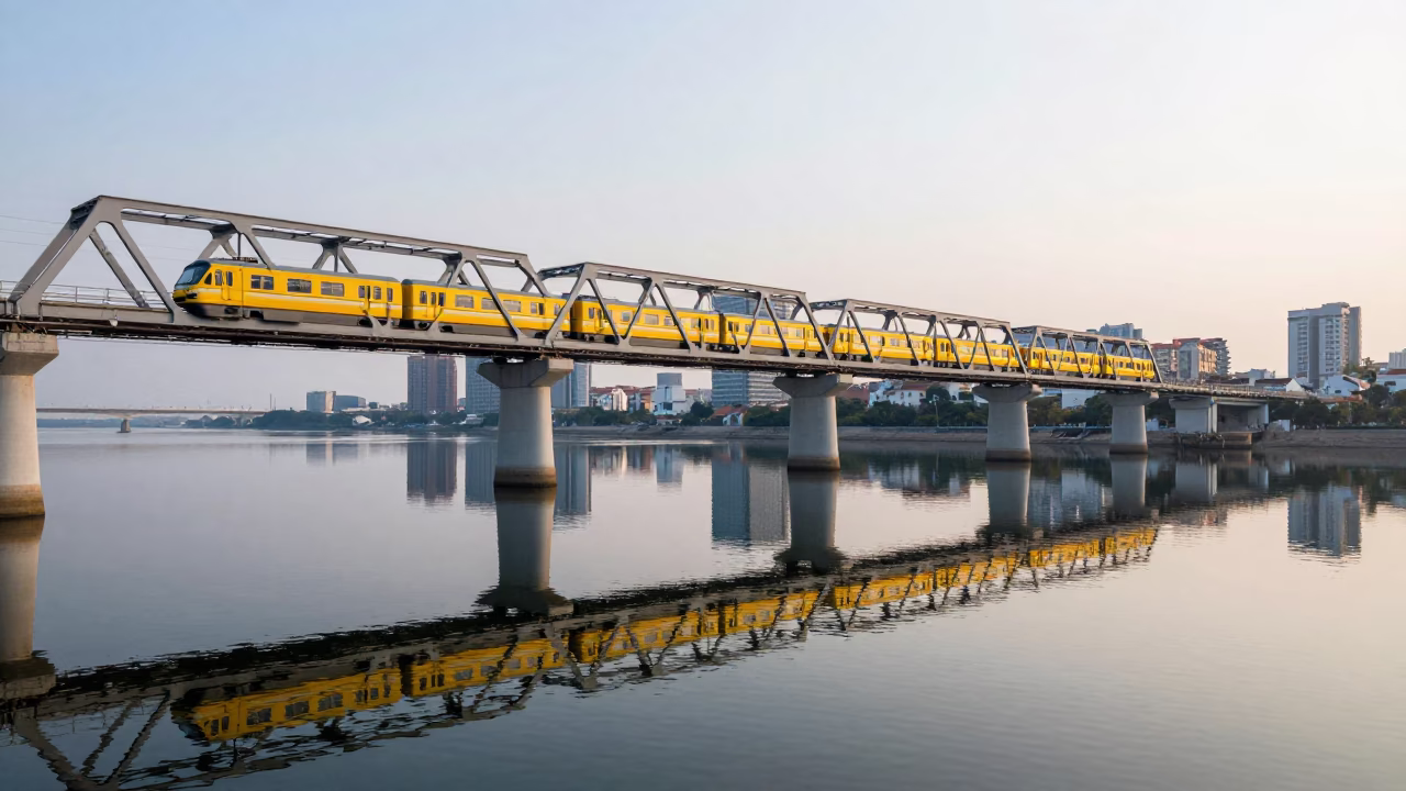 Kaohsiung Taiwan Morning Monorail Reflections on River Water and City Skyline in in Kaohsiung, Taiwan
