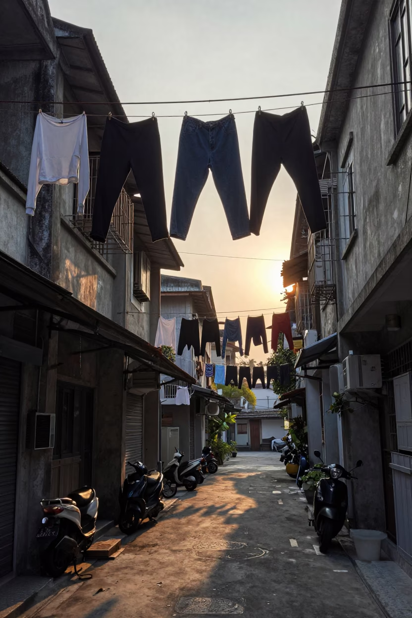 Kaohsiung Taiwan Morning Street Scene with Hanging Laundry and Vintage Car in in Kaohsiung, Taiwan